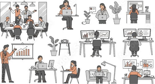 Diverse office scenes showcasing teamwork and individual work