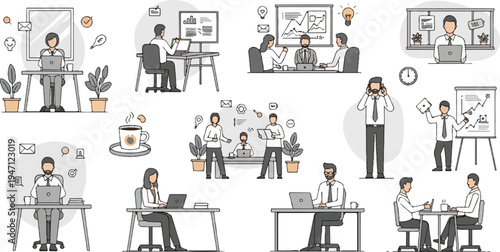 Diverse office scenes individuals working, meetings, and coffee breaks