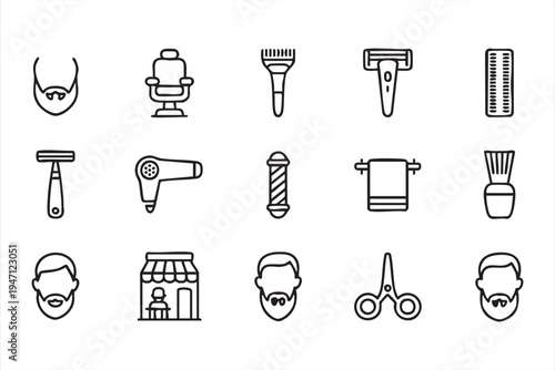 Barber Shop Outline Icons Featuring Mustache Razor Haircut Tools and Scissors