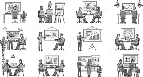 Diverse office scenes depicting teamwork, presentations, and data analysis