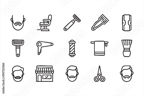Barbershop Grooming Line Icon Set with Razor Scissors Hair Dryer and Barber Chair