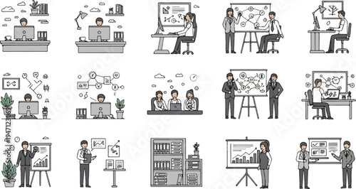 Diverse office scenes depicting people working and collaborating