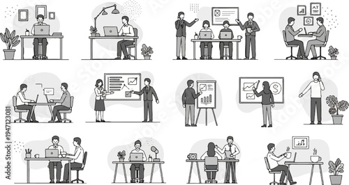 Diverse office scenes depicting meetings, presentations, and individual work