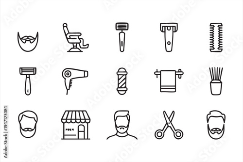 Editable Barbershop Icon Pack Featuring Razor Scissors Brush and Barber Chair