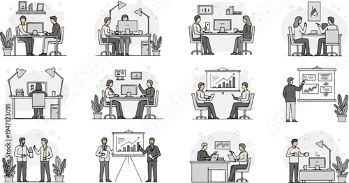 Diverse office scenes depicting collaboration, presentations, and individual work (17)
