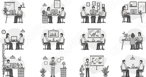 Diverse office scenes depicting collaborative work, individual focus, and presentations