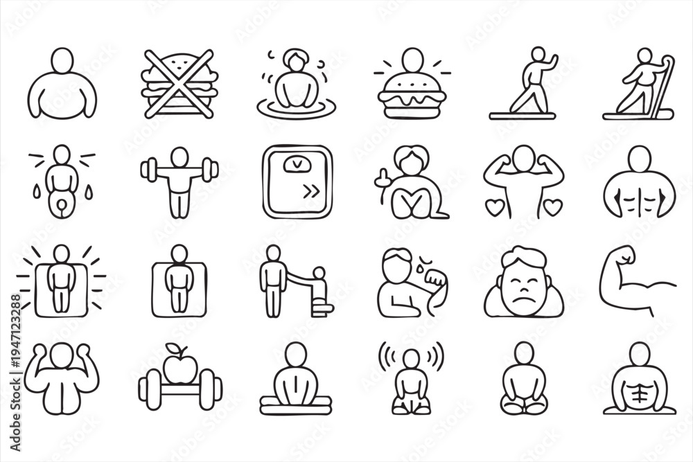 Fototapeta premium Workout and Exercise Outline Icons Featuring Gym Training Diet and Strength