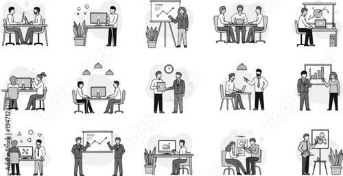 Diverse workplace scenes illustrating collaboration and presentations