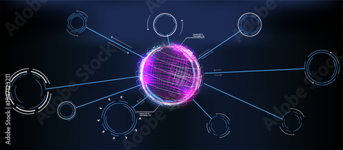 Futuristic network concept. A glowing pink and purple sphere connects to a circular HUD interface on a dark blue background. Abstract data visualization for technology, AI, and global communication.