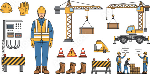 Construction Worker Equipment and Tower Crane Machinery Collection with Safety Gear Tools and Industrial Building Site Vector Illustration Set