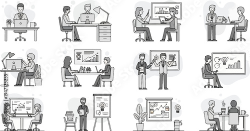 Office life montage individuals working at desks, collaborating, and presenting ideas