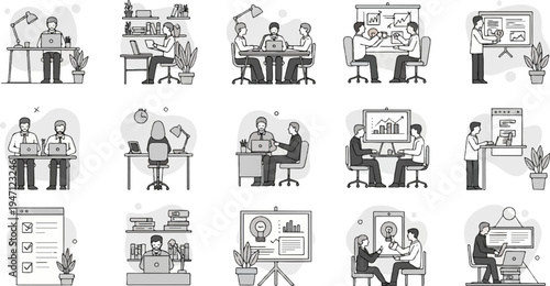 Diverse business work scenes with individuals in office environments
