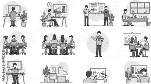 Office scenes individual work, meetings, and presentations