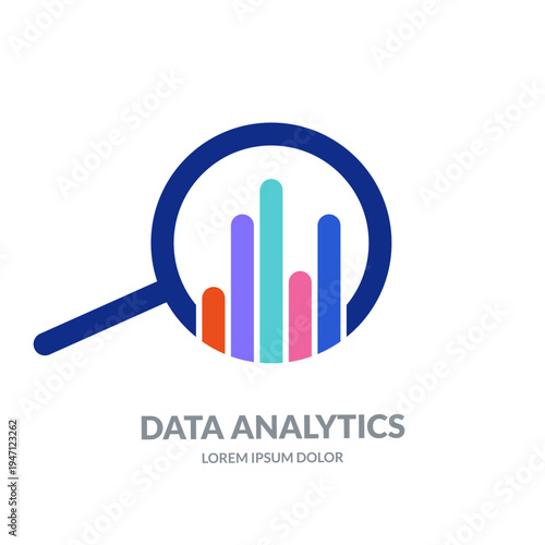 Magnifying glass, diagram logo sign vector design. Business data analytics, financial growth, statistics concept