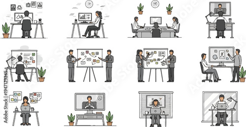 Office scenes showing people working, meeting, and presenting ideas