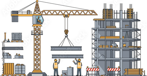 Construction Site Vector Illustration Set Featuring Tower Crane, Workers Lifting Concrete Beams, Building Structure, Engineering Equipment and Urban Development Scene