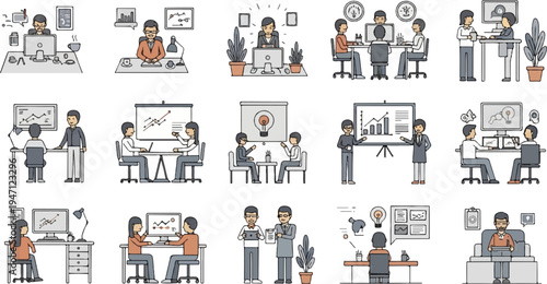 Diverse business scenarios showing collaboration, presentations, and individual work (1)