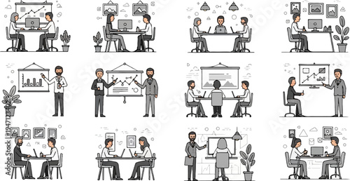 Diverse business people collaborate and present data in modern office settings