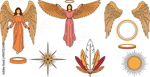 Angel Wings and Heavenly Symbol Set with Guardian Angel Figures, Halo Rings, Feathers and Spiritual Decorative Elements Vector Illustration Collection