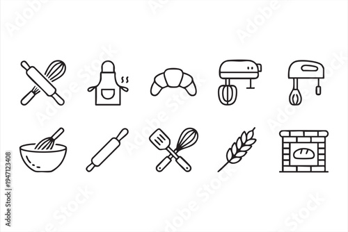 Minimal Baking Icon Collection with Rolling Pin Whisk Mixer and Croissant