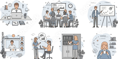 Diverse business office scenes meetings, work, and teamwork