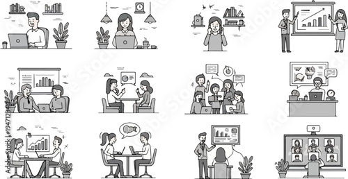 Various office and remote work scenarios depicted in a simple line art style