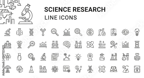 Science Research Line Icons Set on Isolated White Background, illustrating concepts of laboratory work, education, discovery, and scientific advancement.
