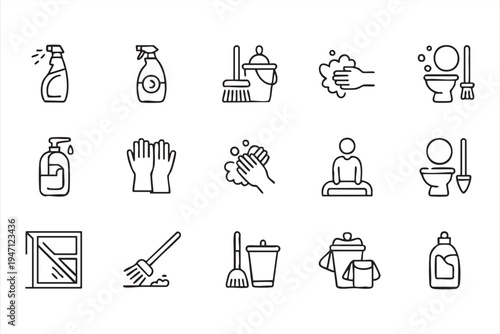 Housekeeping and Sanitation Outline Icons Featuring Spray Cleaner Mop and Trash Bin