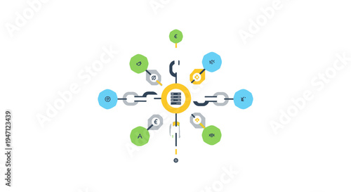 Blockchain Technology Vector Illustration. Decentralized Financial Network, Data Server Connection, and Global Currency Exchange Concept.