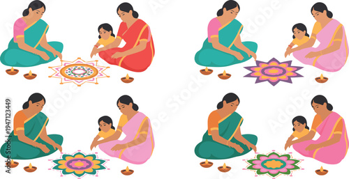 Indian women creating colorful rangoli designs during festive celebration, showcasing tradition, culture, and vibrant art in vector illustration