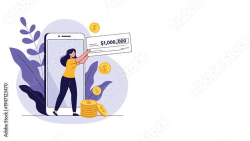 Successful young woman receiving a million dollar prize check through a mobile phone screen with falling gold coins.