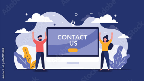 Contact us flat illustration featuring a man and woman waving beside a large computer monitor with clouds in the background.