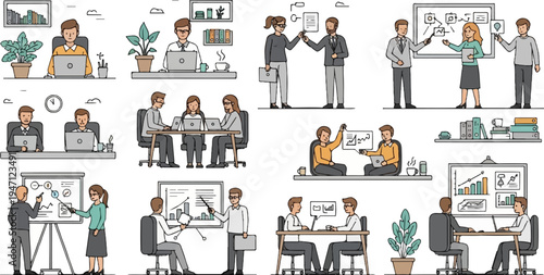 Colleagues collaborating on projects, discussing strategies, and presenting data