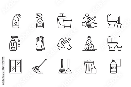 Minimal Cleaning Icon Collection with Detergent Gloves Window and Toilet Brush