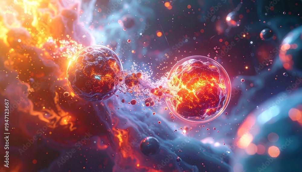 Obraz premium concetto di legame atomico o molecolare, formazione della materia, fusione degli atomi, collisione tra materia e antimateria, illustrazione 3D di fantasia