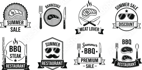BBQ Restaurant and Summer Grill Badge Set with Steak Icons, Barbecue Party Labels, Meat Lover Emblems and Vintage BBQ Vector Collection