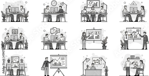 Business people collaborate on projects using computers and presentations