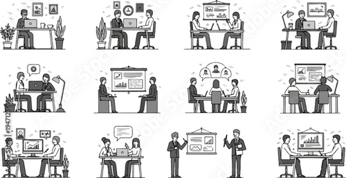 Business meeting scenes people collaborating and presenting data