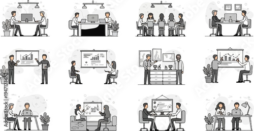 Business meeting scenes in a minimalist office setting with people