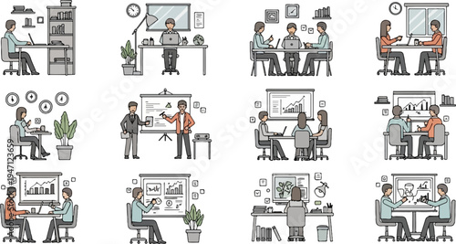 Business meeting illustrations showing teamwork, presentations, and individual work