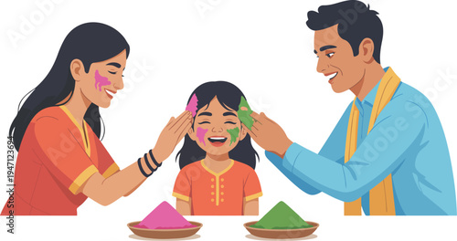 A joyful family celebrating Holi by applying colorful powders on each other’s faces, depicting fun, togetherness, and cultural festivity vector illustration