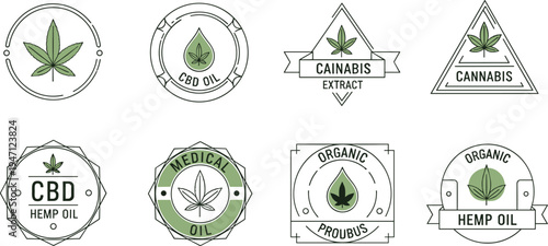 Cannabis CBD Oil Badge and Label Set with Hemp Leaf Symbols, Organic Medical Marijuana Extract Emblems Vector Illustration Collection