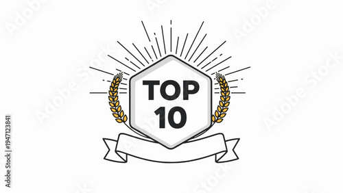 Top 10 ranking emblem featuring a white hexagonal shield with wheat wreaths and rays on a clean white background.