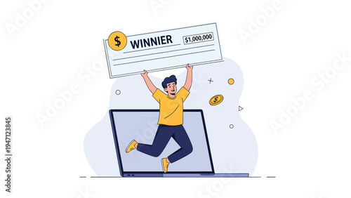 Happy man jumping out of a laptop screen holding a giant million dollar winner check with gold coins in the air.