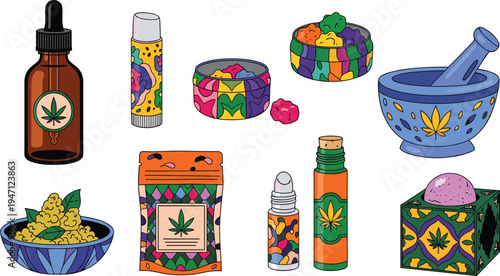 Cannabis Products and Herbal Accessories Set with Hemp Oil Bottle, Edibles, Grinder, Mortar Bowl and Medical Marijuana Vector Illustration
