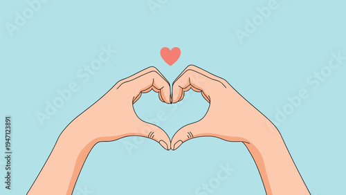 Two hands come together to form a heart shape against a blue background with a small red heart floating above for love themes.