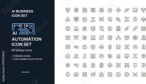 AI Business Automation Line Icon Set Featuring Artificial Intelligence Technology Workflow Data Integration And Digital Systems