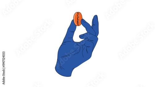 Blue hand holds a single roasted coffee bean between the thumb and index finger in this artistic vector graphic for cafe themes.
