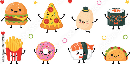 Cute fast food cartoon characters collection with burger pizza sushi fries donut taco vector illustration set