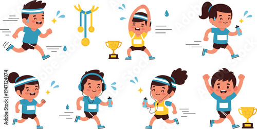 Cute Kids Running Marathon Cartoon Character Set with Happy Children Jogging, Winning Trophy, Medals and Fun Athletic Activity Illustrations